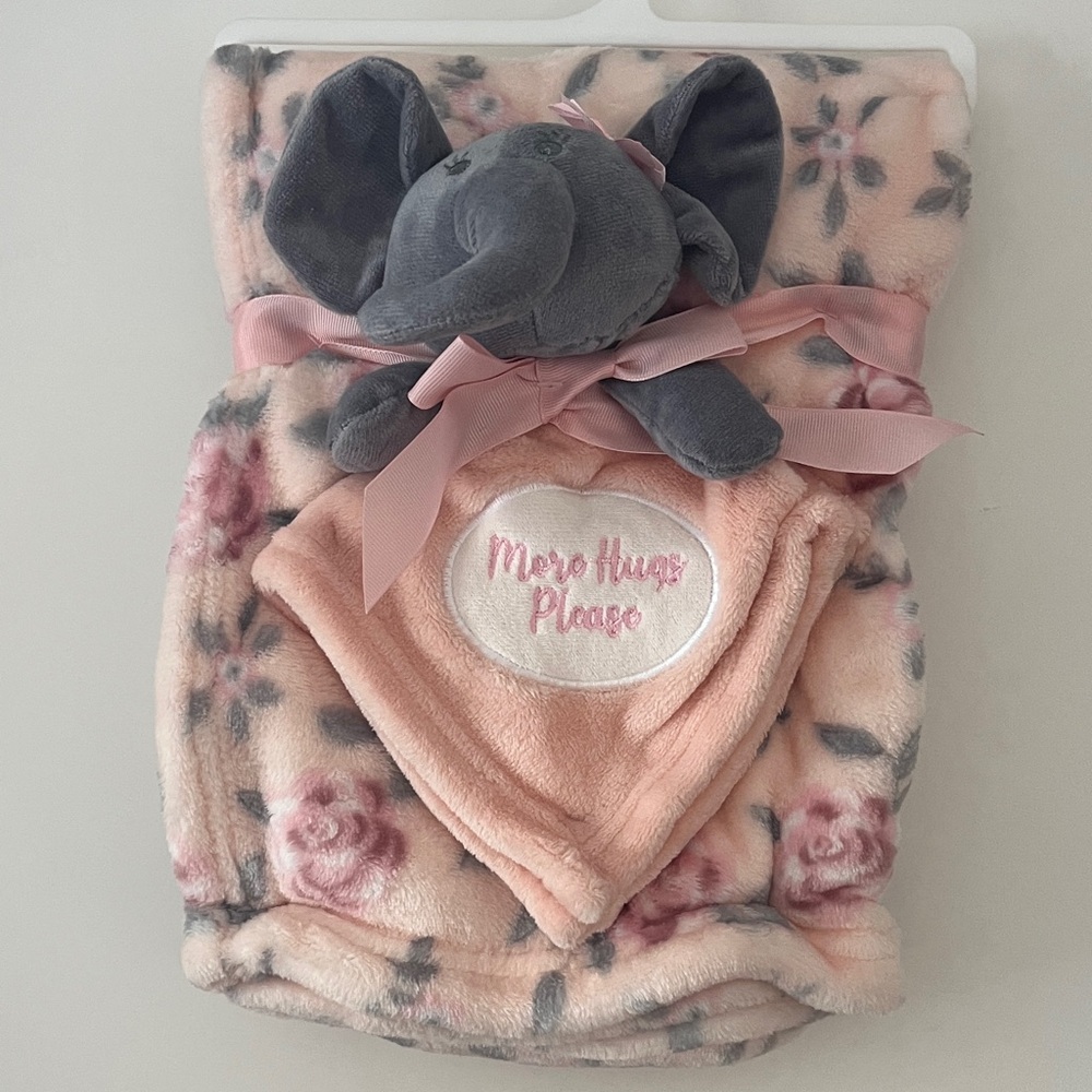Floral Pink and Gray Elephant Plush Blanket Set
